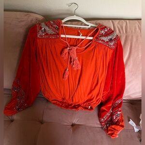 Free People Bright Orange Embroidered Peasant Top with Tassel Tie